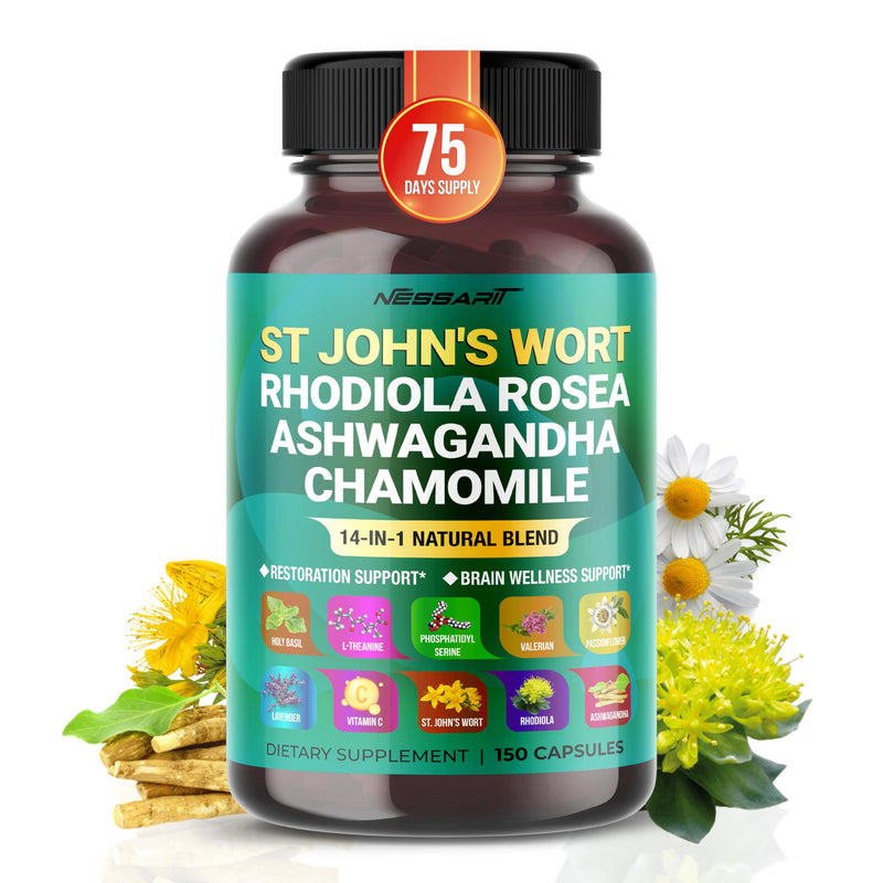 [Australia] - ST JOHN'S WORT 15,000mg 14-in-1 Natural Blend with Rhodiola Ashwagandha Chamomile Holy Basil L-Theanine Valerian Passionflower - 150 count - Made & Tested in The USA 150 count (pack of 1) 