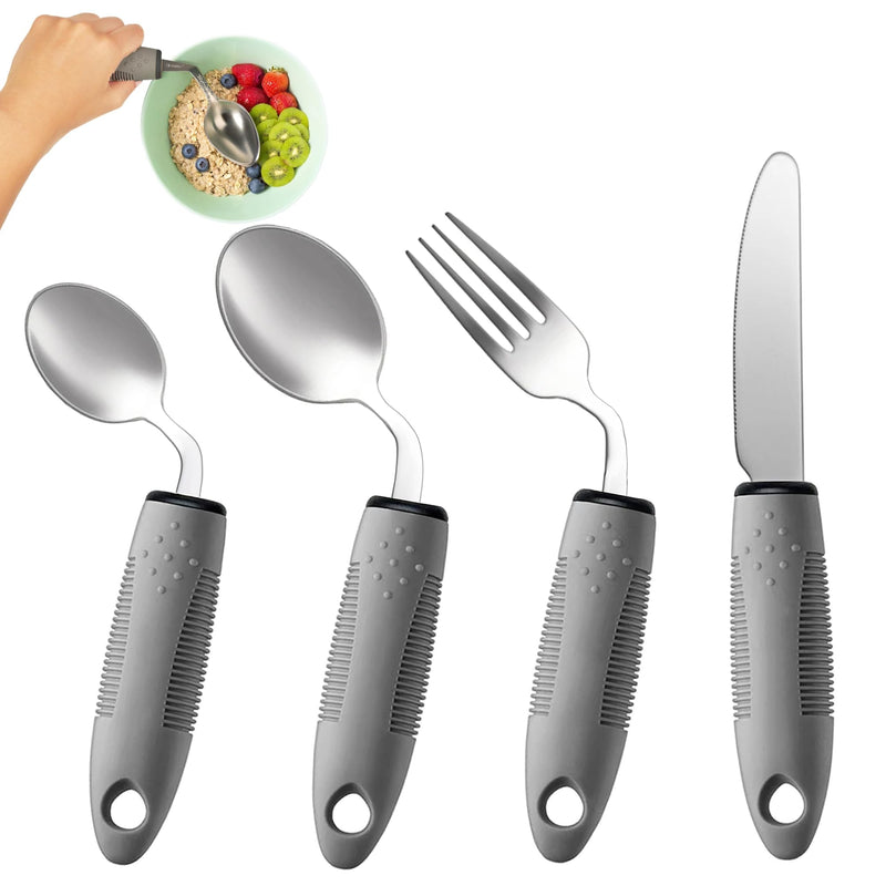 [Australia] - 4-Piece Adaptive Utensils Set - 42¬∞ Angled Parkinsons Utensils, 2.5 oz Weighted Utensils for Hand Tremors and Parkinsons Patients, Weighted Silverware for Hand Tremors (Grey: Right-Handed) Light (Weighted) ‚Äì 2.5 oz 