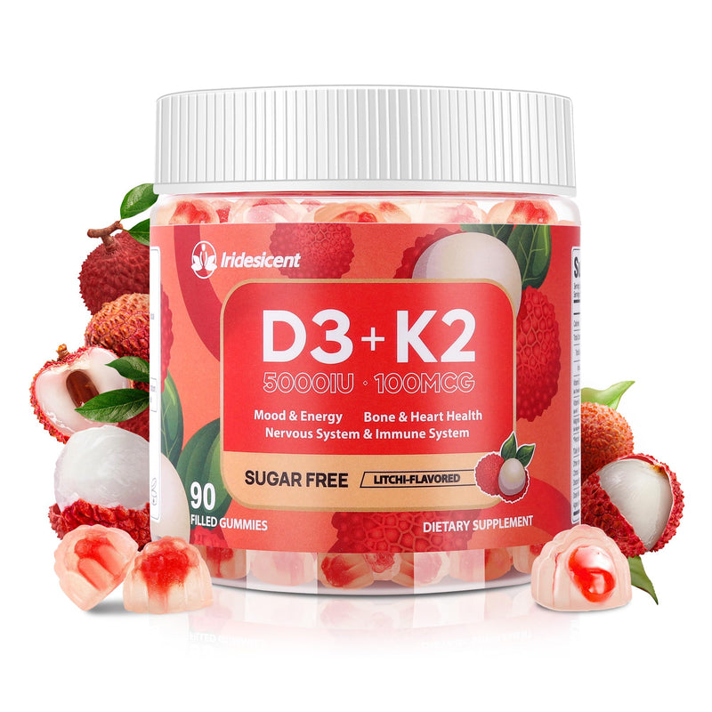 Vitamin D3 K2 Gummies, 5000 IU D3 + 100mcg K2, 90 Count | D3 K2 Supplement with MK-7, Sugar Free Vegan Gummies, Supports Bone Health for Adults, Lychee Flavor 90 Count (Pack of 1)