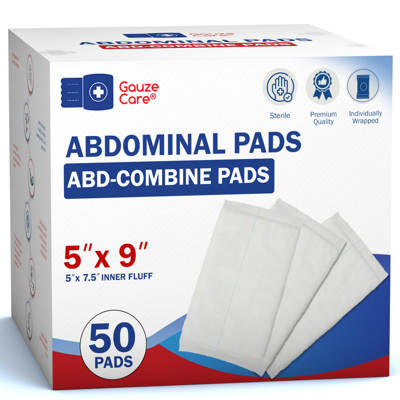 [Australia] - GauzeCare Sterile Abdominal- ABD Combine Pads| 50-Pack, 5 x 9 Inches| Extra Absorbent & Thick, Individually Wrapped Wound Dressing, First Aid Pads| Surgical-Grade, Nonstick- for Heavy Leakage, Post Op 5"x9" (50 Pads) 