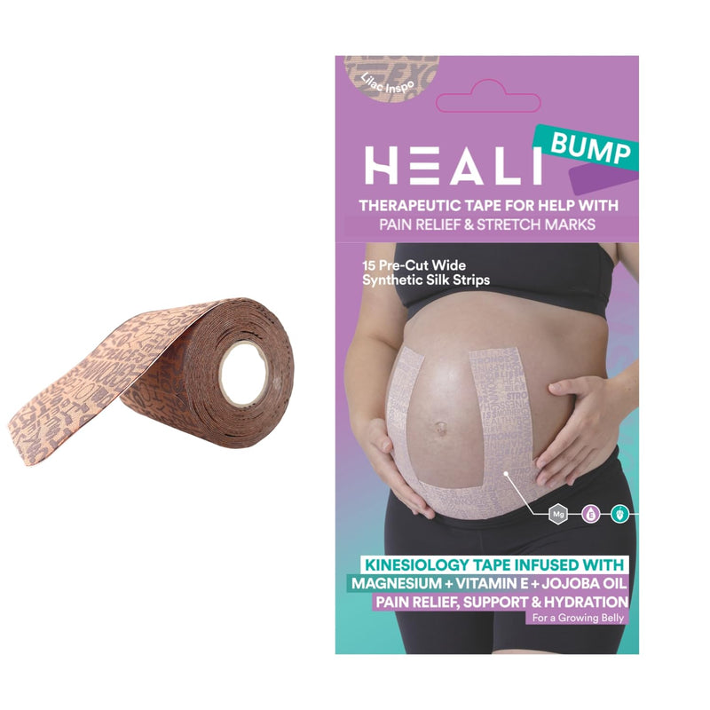Heali Bump Kinesiology Tape, 15 Pre-Cut Wide Strips, Synthetic Silk Belly Tape, Magnesium, Vitamin E, Jojoba Oil, Infused for Flexibility, Skin Elasticity and Hydration, Pack of 1