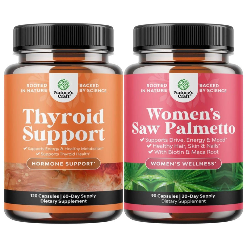 Bundle of Herbal Adrenal and Thyroid Support Complex - Mood Enhancer Energy Supplement for Thyroid Health and Extra Strength Saw Palmetto for Women for Stronger Thicker Healthier Looking Hair