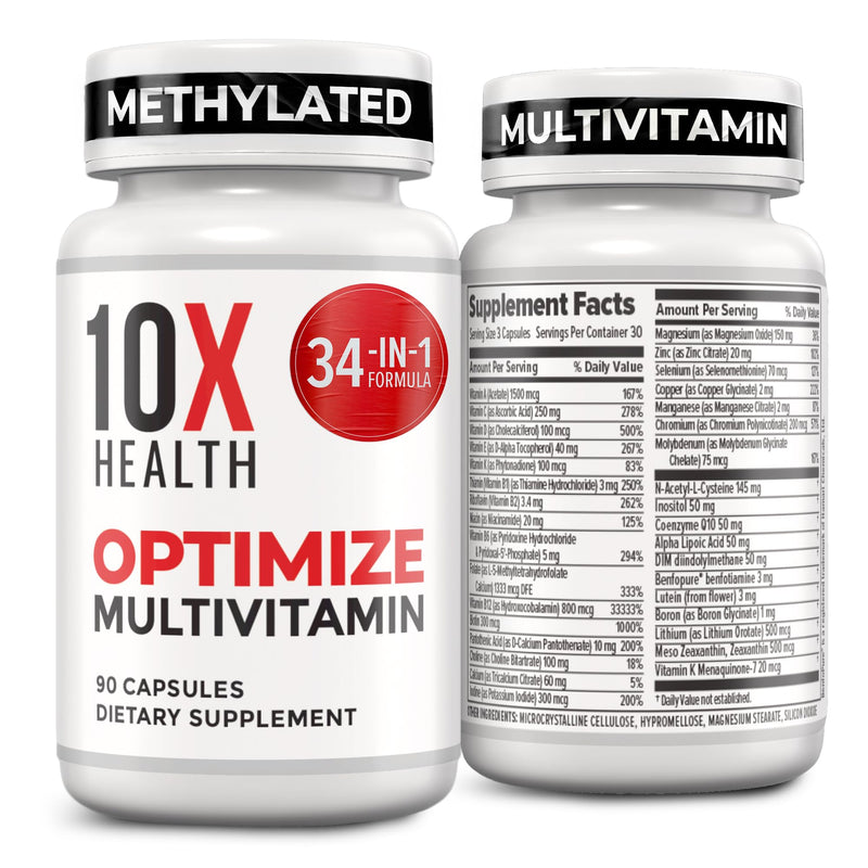 10X Health Methylated Multivitamin - 90 Capsules | Mthfr Supplement: 34-in-1 Formula, 800mcg B12, 5-MTHF & NAC, Methyl B Complex, Non-GMO 90 Count (Pack of 1)