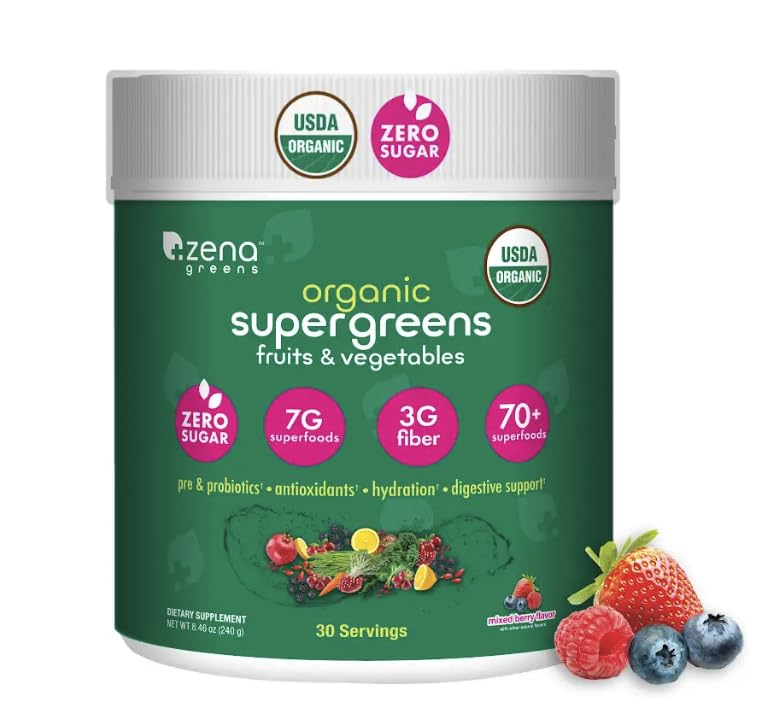 [Australia] - Zena Greens Organic Super Greens Powder | 70+ Superfood Ingredients Drink Mix | 3G Fiber | 0 Sugar | Fruits, Veggies, Herbs, Hydration, Antioxidants, Pre & Probiotics, & Digestive Blends | 30 Servings 