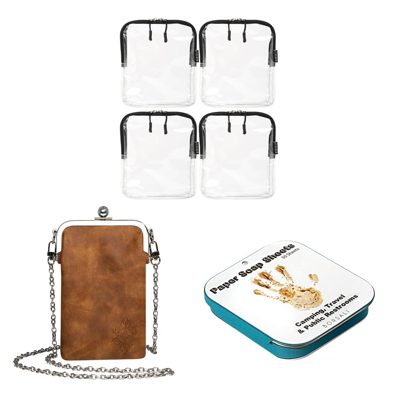 4-pack TSA Quart Size Bag Approved for Carry On Travel with Brown Small Crossbody Bag for Women and Paper Soap Sheets 1 Case with 50 Sheets To Go