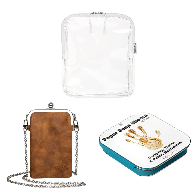 White TSA Quart Size Bag Approved for Carry On Travel with Brown Small Crossbody Bag for Women and Paper Soap Sheets 1 Case with 50 Sheets To Go