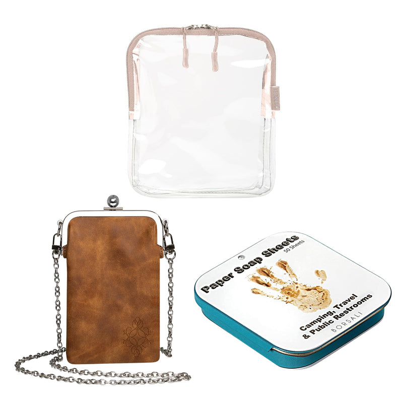 Taupe TSA Quart Size Bag Approved for Carry On Travel with Brown Small Crossbody Bag for Women and Paper Soap Sheets 1 Case with 50 Sheets To Go