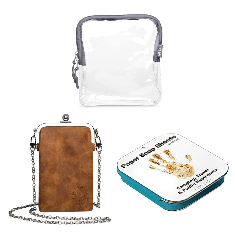 Gray TSA Quart Size Bag Approved for Carry On Travel with Brown Small Crossbody Bag for Women and Paper Soap Sheets 1 Case with 50 Sheets To Go