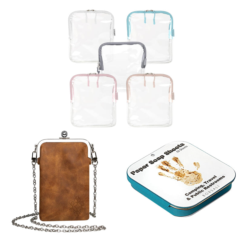 5-pack TSA Quart Size Bag Approved for Carry On Travel with Brown Small Crossbody Bag for Women and Paper Soap Sheets 1 Case with 50 Sheets To Go