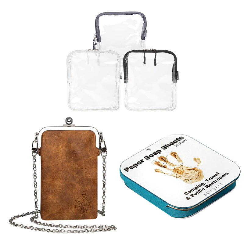 3-pack TSA Quart Size Bag Approved for Carry On Travel with Brown Small Crossbody Bag for Women and Paper Soap Sheets 1 Case with 50 Sheets To Go