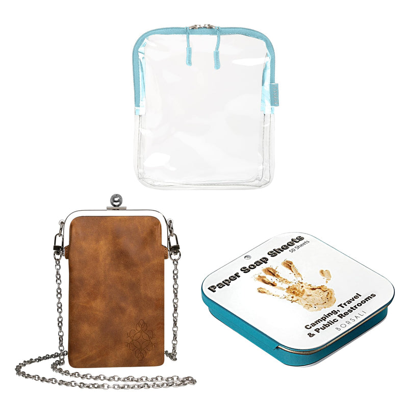 Light Blue TSA Quart Size Bag Approved for Carry On Travel with Brown Small Crossbody Bag for Women and Paper Soap Sheets 1 Case with 50 Sheets To Go