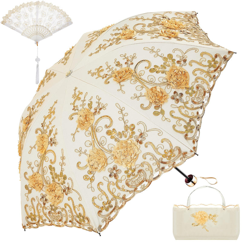 Floral Lace UV Sun Parasol with Lace Handheld Fan Vintage Flower Embroidery Umbrella Folding Fan Gothic Umbrella or Bridal Wedding Party Gift Show Cosplay Photo Props Apricot Yellow