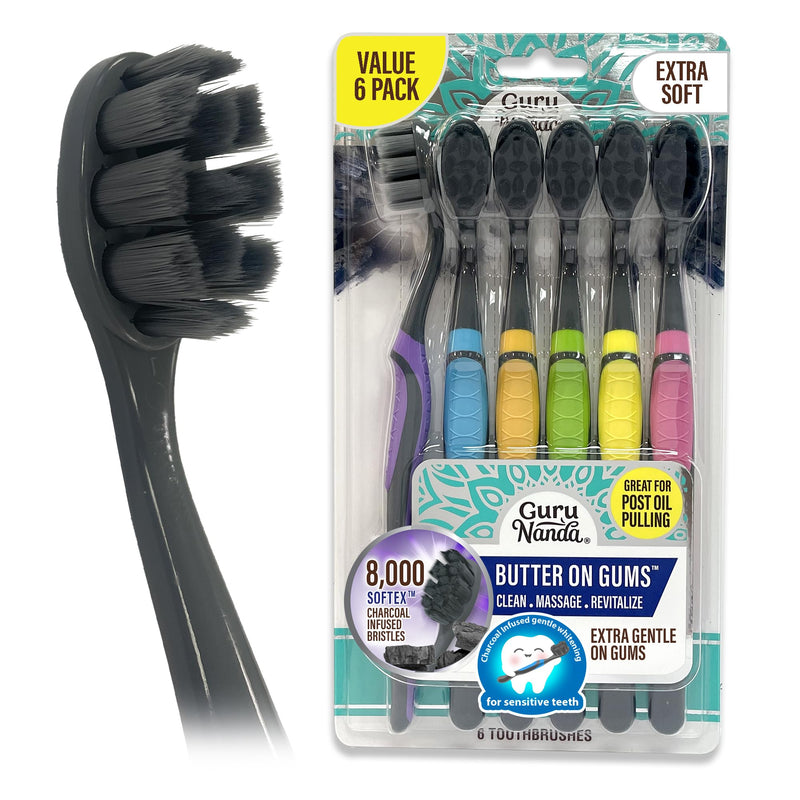 [Australia] - GuruNanda Butter on Gums Charcoal Toothbrush - 8000+ SoftexTM Bristles for Sensitive Teeth & Gums, Aids in Teeth Whitening, Extra Soft (6 Count) 6 Count (Pack of 1) 