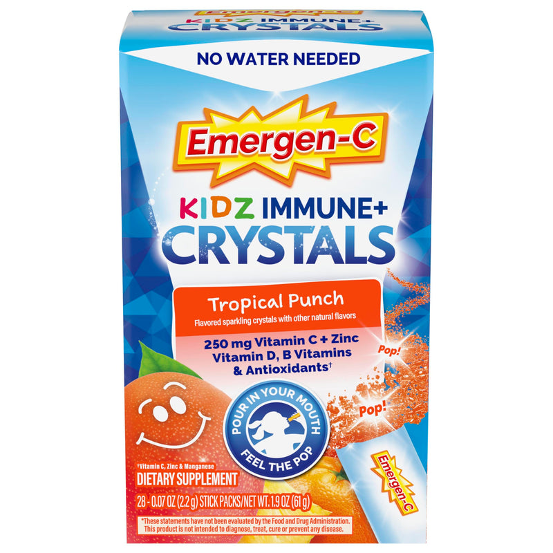 Emergen-C Kidz Vitamin C 250mg, Immune Support, Tropical Punch, 28 Packets | Supports Immune Health, Vitamin D and B Vitamins, Zinc and Manganese, Kids Crystals, No Water Needed