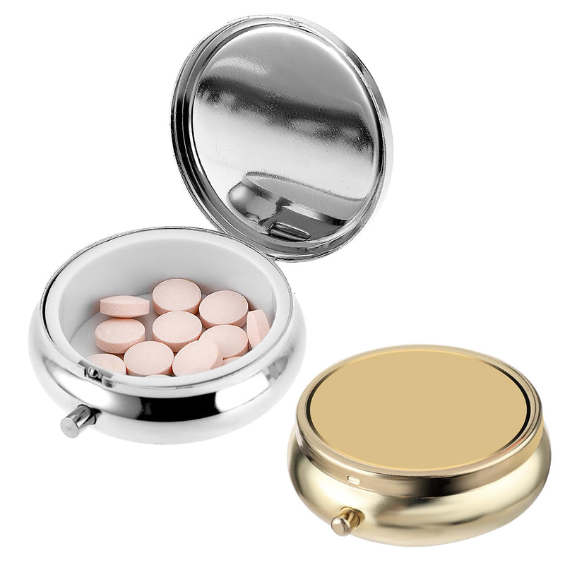 2Pcs Pill Box Small Pill Case for Purse or Pocket, Portable Cute Pill Container Metal Pill Box Decorative Medicine, Vitamin, Fish Oil and Supplements Holder Organizer (Silver&Gold) Silver&gold