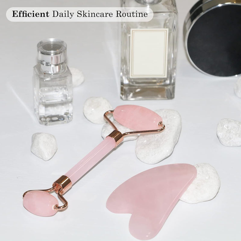 [Australia] - Jade Roller and Gua Sha Stone Massage Tool Set, Natural Rose Quartz Jade Face Roller Stone for Skin Care Anti Aging, De-Puffing, Detoxifying, Brightening, and Refreshes Skin Tool 