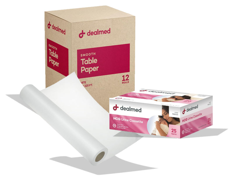 Dealmed Pregnancy Test and Table Paper Bundle | Includes (25 Tests) HCG Urine Cassette Pregnancy Test and (12 Rolls) 14.5" x 225' Smooth Exam Table Paper