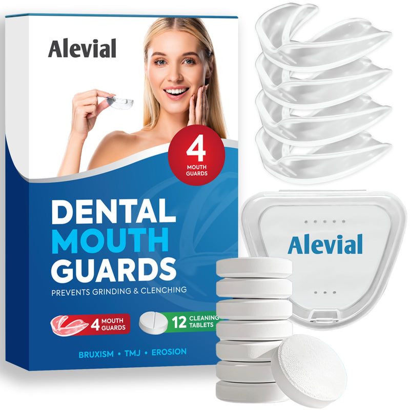 [Australia] - Dental Mouth Guard for Teeth Grinding (4 Pack) and 12 Cleaning Tablets Night Gum Shield for Sleep Treats Clenching Bruxism TMJ Hygiene Case by Alevial 4 Pack + Cleaning Kit 