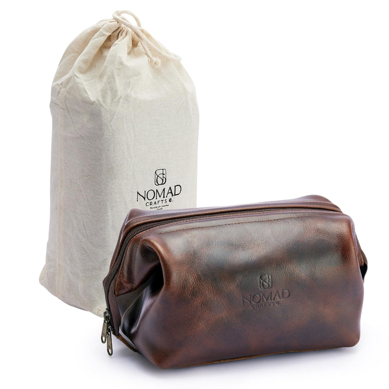 NomadCraftsCo. Premium Leather Travel Toiletry Bag for Men and Women, King-Size Dopp Kit with Waterproof Lining, Mens Toiletry Travel Bag Brown