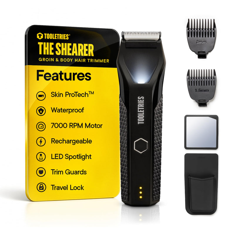 [Australia] - TOOLETRIES The Shearer - Groin & Body Hair Trimmer for Men, Electric Shaver for Pubic Hair, Balls, Groin, Chest, Legs, Waterproof Wet/Dry Clippers, Rechargeable, Bonus Shower Kit 