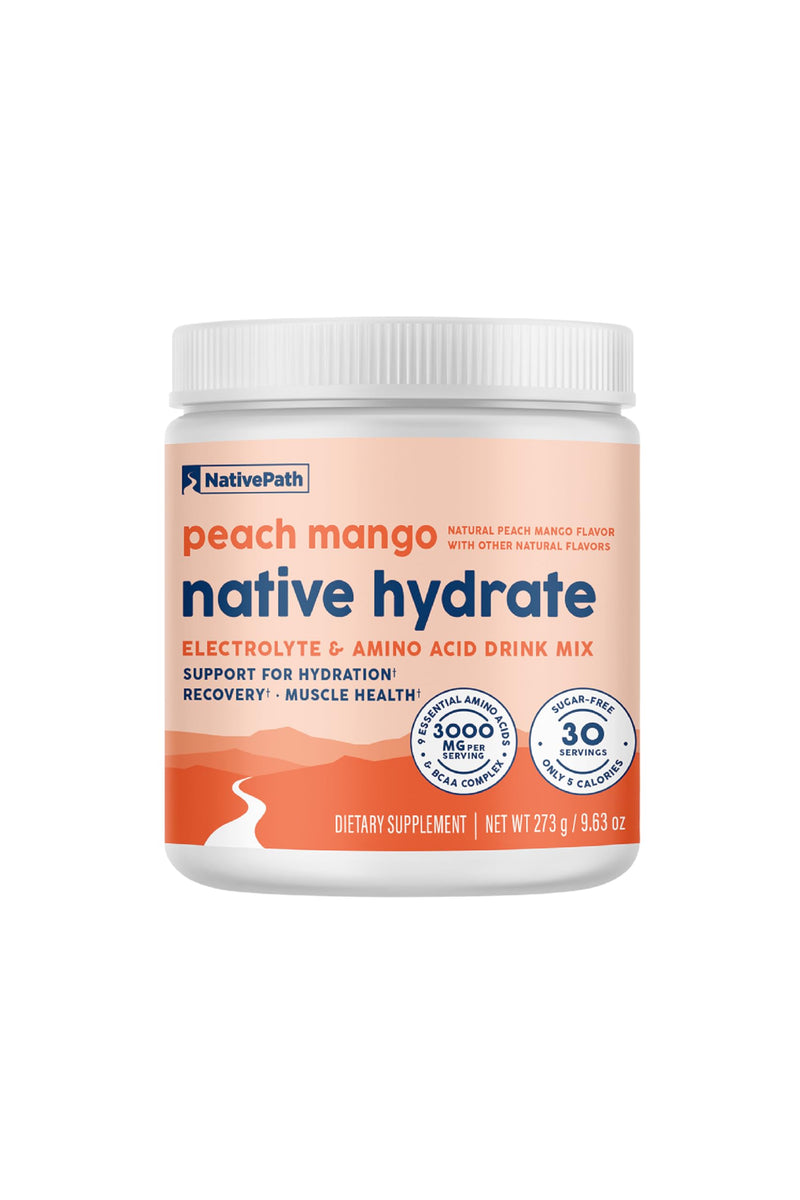[Australia] - NativePath Native Hydrate, Zero Sugar, Electrolytes Powder with BCAAs, Peach Mango Hydration, Keto & Paleo Friendly, 30 Servings 