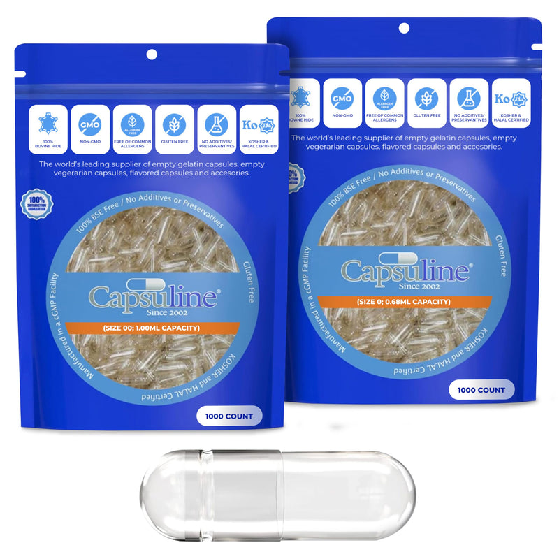 Capsuline Size 0 and Size 00 Gelatin Empty Capsules, 1000 Count Bundle, Empty Gel Pill Capsules, DIY Pure Bovine Pill Capsule Filling, Empty Caps, Kosher, Gluten Free and Non-GMO Certified, Clear