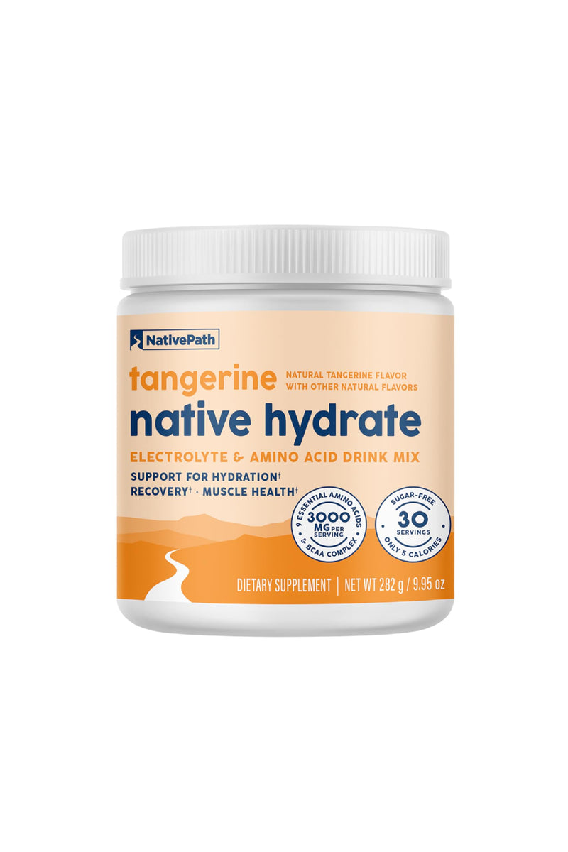 NativePath Hydrate Electrolyte Powder, Tangerine, 30 Servings | 14 Vitamins & Minerals, 9 Aminos & 2000mg BCAAs, Zero Sugar, Supports Hydration & Recovery, Stevia, Keto 9.95 Ounce (Pack of 1)