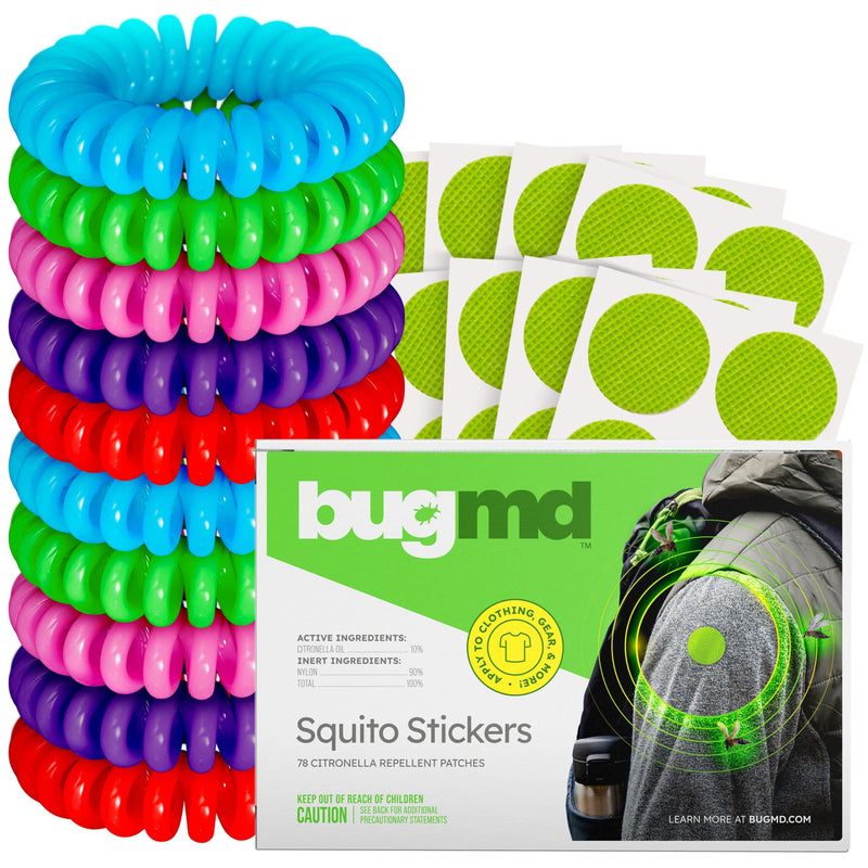 [Australia] - BugMD Mosquito Repellent Bundle: 78 Safe & Effective Squito Stickers and 10 DEET-Free Citronella Bracelets for Kids & Adults - Perfect for Camping, Beach, Hiking & Outdoor Adventures Squito Stickers + Mosquito Bracelets 