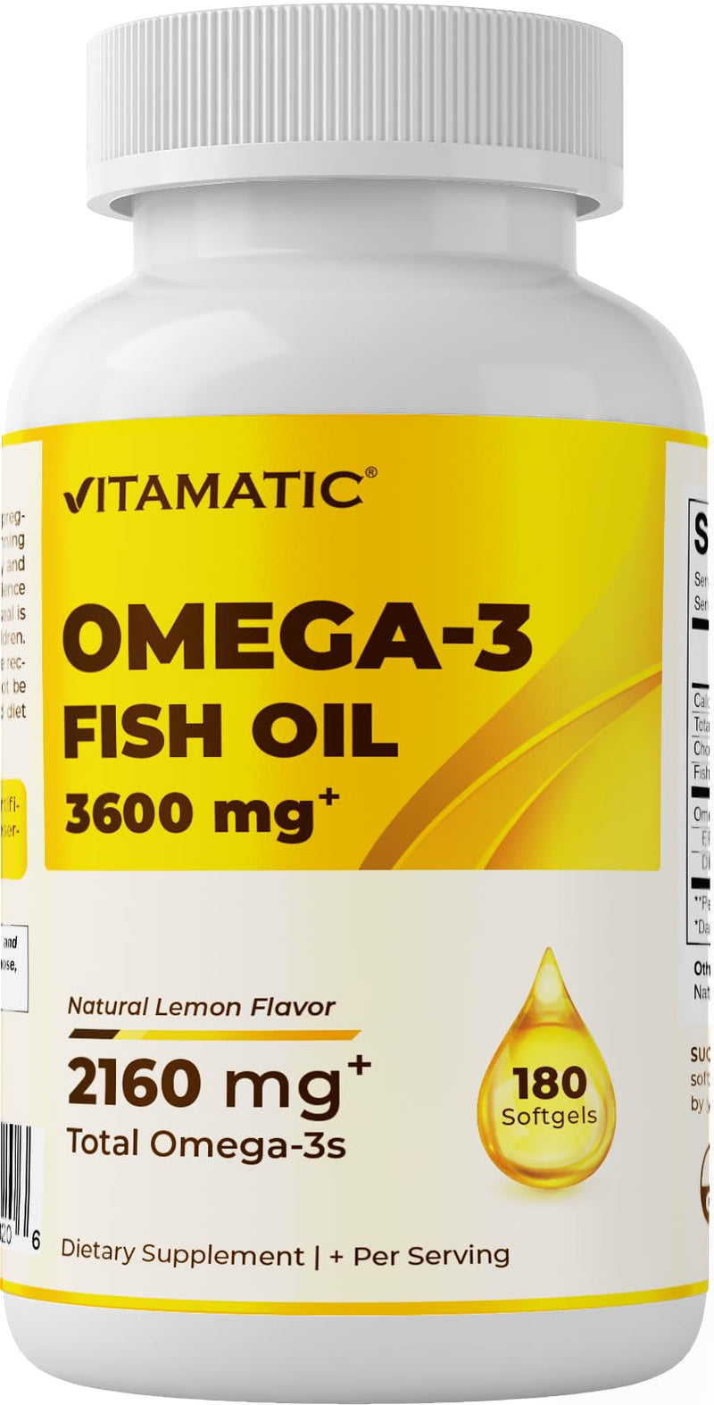 Vitamatic Triple Strength Omega 3 Fish Oil 3600mg Per Serving, 2160mg Omega 3 Fatty Acids, 1296mg EPA + 864mg DHA, Burpless Lemon Flavor, 180 Softgels 180 Count (Pack of 1)