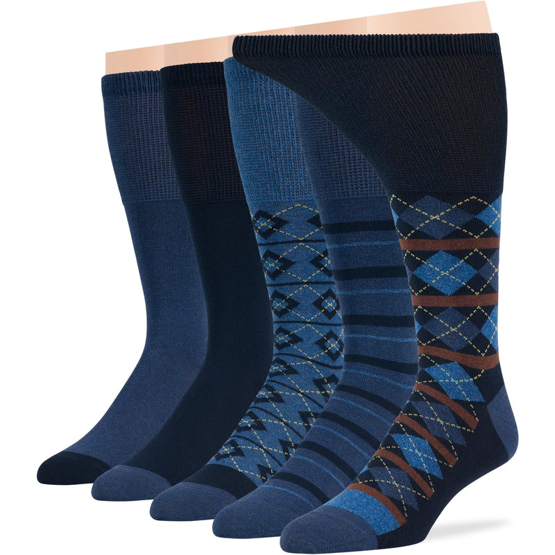 [Australia] - 7BigStars Men Diabetic Loose Dress Business Cotton Mid Calf Socks - 5 Pack Large - Geometric, Argyle, Stripe - Sock Size 10-13 Shoe Size 9-12 L Dark Navy, Denim Blue Dark Navy, Denim Blue (A098) 