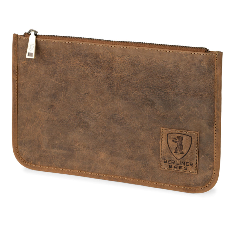 BERLINER BAGS Vintage Genuine Leather Padfolio For Men Theo XL - Brown | Leather Folder Portfolio, Compact Document Sleeve, Fits Slim Documents & Essentials Walnut XL
