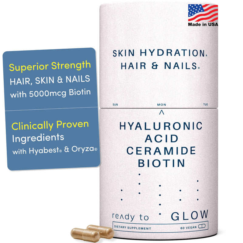 [Australia] - GLOW Anti Aging Supplement - Hyabest¬Æ Hyaluronic Acid, Phytoceramides, 5000 mcg Biotin, Vitamin A, C, E, Zinc - Hair Skin Nails Vitamins for Women & Men - Wrinkles & Skin Hydration - 60 Capsules 
