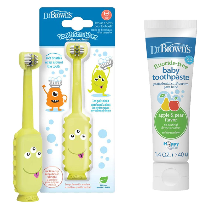 Dr. Brown's ToothScrubber Toddler Toothbrush & Fluoride-Free Baby Toothpaste Bundle, Triple-Sided Training Toothbrush, Ages 1-4 Years, Apple Pear Flavor, 1-Pack, 1.4oz/40g, 0-3 Years