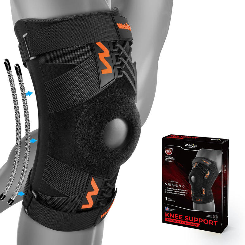 Welnove Professional Knee Brace Support with Pads & Side Stabilizers for Pain Relief, Adjustable Compression for Meniscus Tear, Arthritis, MCL - Ideal for Running, Working Out, and Sports（Medium） Medium Orange