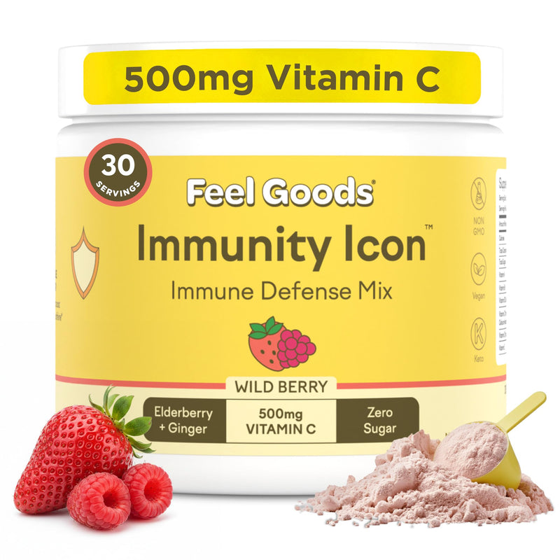 Feel Goods Immunity Icon, Vitamin C Immune Support Powder, 30 Servings | Immunity Plus, 500mg Vitamin C, Elderberry, Ginger, Turmeric, Vitamins for Immune Health, Sugar-Free, Caffeine-Free Drink Mix 30 Servings (Pack of 1) Wild Berry