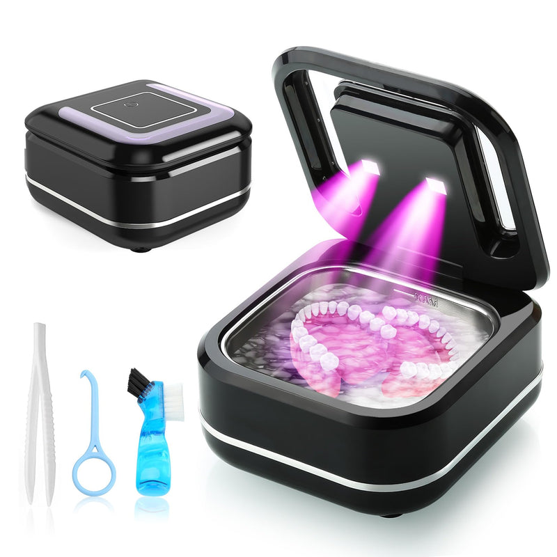 [Australia] - Ultrasonic Retainer Cleaner, Denture Cleaner Machine, Portable Sonic Cleaner Pod for Denture, Mouth Guard, Aligner, Night Guard, 180ML/42kHz Jewelry Cleaner Dark Black 
