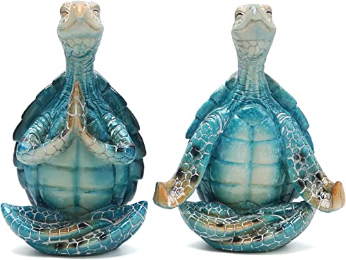 Meditating Sea Turtle Statues Yoga Zen 2Pcs Resin Beach Home Decor