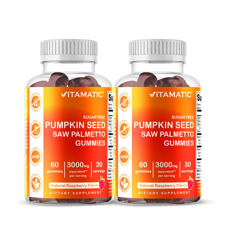 [Australia] - Vitamatic 2 Packs Sugar Free Pumpkin Seed Gummies- 3000 mg Equivalent Per Serving (from 20:1 and 10:1 Extract 200 mg) - Made with Saw Palmetto - Natural Raspberry Flavor - 60 Count 