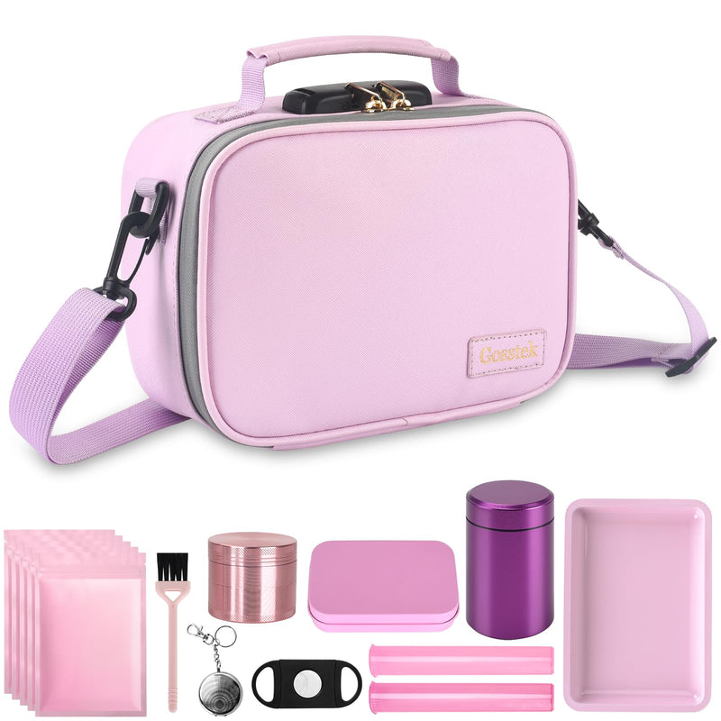 Gosstek Pink Leather Smell Proof Carrier Bag with 10 Accessories, Premium Organizers Box Case with Combination Lock and Great Gift for Women, Childproof Organization Container Pouch 9 X 6 X 4 Inches.