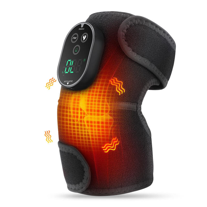 Cordless Heated Knee Massager with Vibration, FSA Eligible HSA, Heated Knee Brace Wrap Heating Shoulder Brace Support Wrap for Knee Elbow, Heating Pad with 6 Heating Levels, 3 Massage Modes&Timer Black