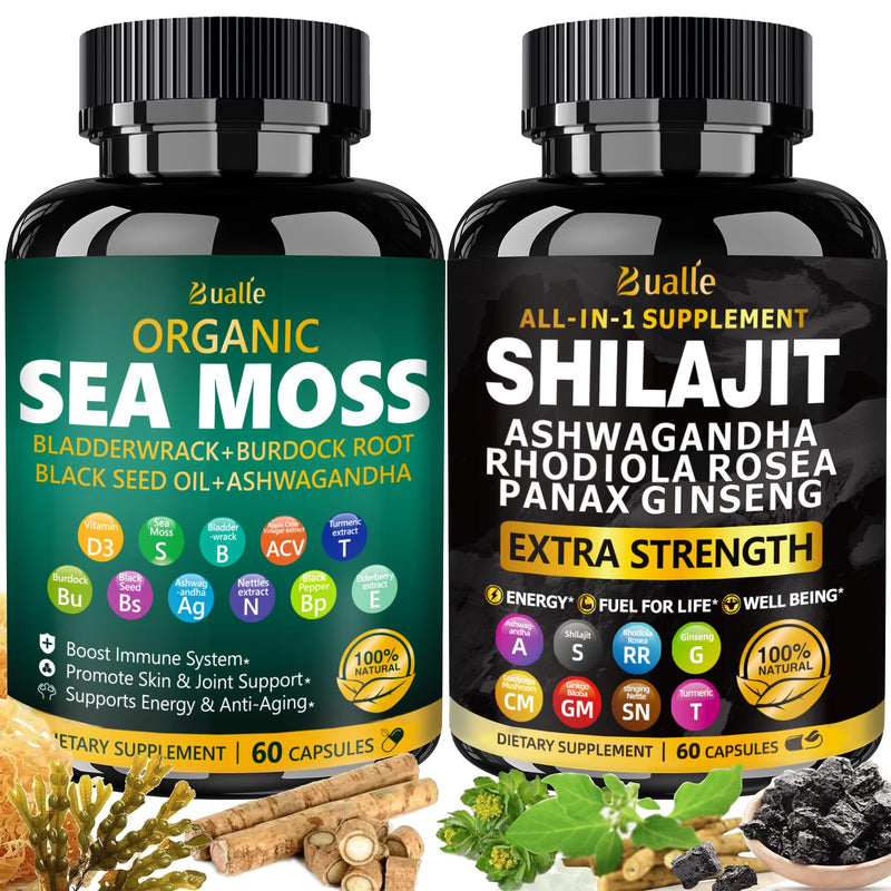 [Australia] - Sea Moss and Shilajit Bundle-Sea Moss 300mg,Black Seed Oil 100mg,Ashwagandha 50mg,Ginger & Shilajit 300mg,Rhodiola Rosea 100mg,Panax Ginseng 50mg,All in 1 Supplements-USA Made(2 Pack) 60 Count (Pack of 2) Sea Moss Shilajit 