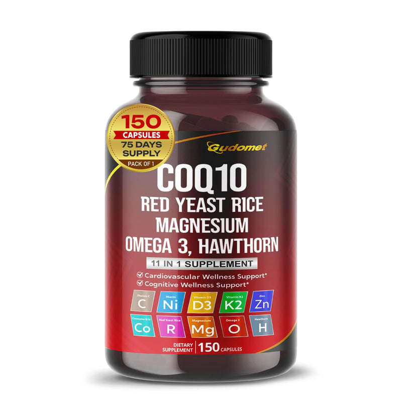 Coenzyme Q10 (Ubiquinone) Red Yeast Rice Hawthorn Omega 3 Vitamin C Niacin Zinc Vitamin K2-150 Capsules 150 count (pack of 1)