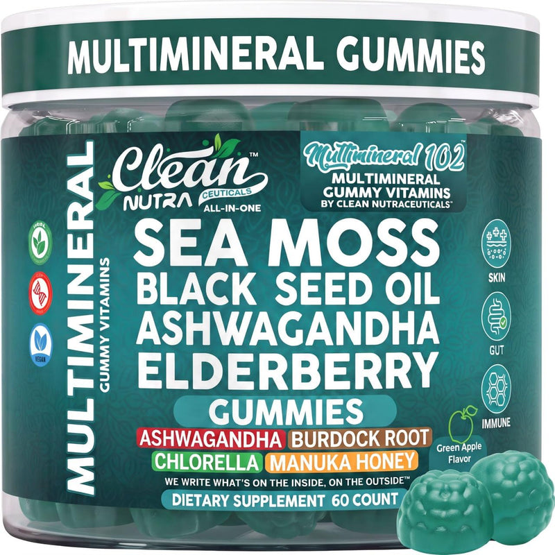 Sea Moss Gummies | Clinically Tested - Black Seed Oil Ashwagandha Elderberry Burdock Root Chlorella Manuka Honey - Vegan Irish Sea Moss Gummy Vitamins for Adults Kids Men Women - Green Apple Flavor 1