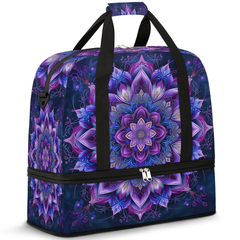 Travel Duffle Bags With Shoes Compartment for Women Men Purple Mandala Lightweigh Sports Tote Gym Bag Boho Flower Foldable Canvas Weekender Overnight Carry On Luggage Handle Bag B03:Purple Mandala