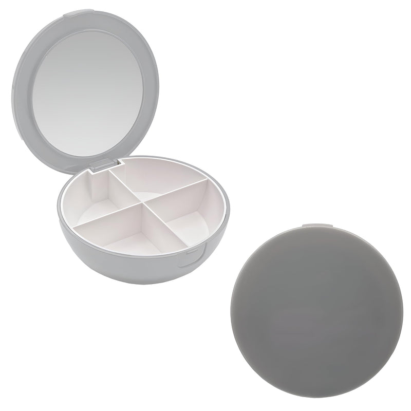 Ezy Dose Round Travel Compact Pill Organizer with Built-in Mirror, Gray | Compact and Portable Medication Case for Daily Vitamins, Pills, and Medicine Management, Ideal for Travel and On-The-Go Use Small Mirrored Case