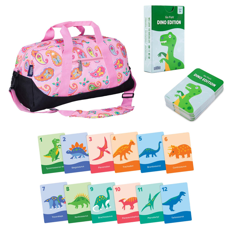 Wildkin Overnighter Duffel Bag and Go Fish! Card Game Bundle: Dive into Fun - Playful Adventures Packed and Ready to Go (Paisley)