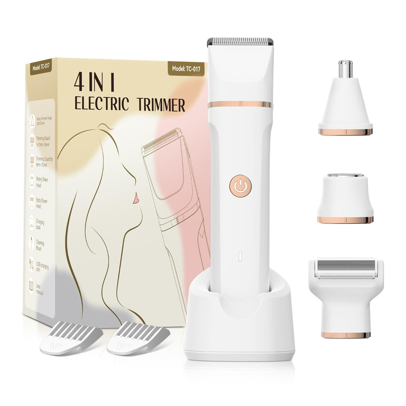 [Australia] - Electric Bikini Trimmer for Women - 4 in 1 Electric Razors for Women, Waterproof Pubic Hair Trimmers and Facial Hair Remover, Replaceable Shaver & Nose Hair Trimmer, Rechargeable Women's Grooming Kit White 