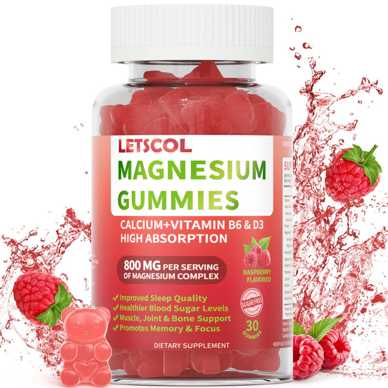 Magnesium Glycinate Gummies 800mg Per Serving, Sugar Free Magnesium Supplement with Magnesium Malate, Calcium, Vitamin D3, B6, CoQ10 for Calm Support & Zzz for Adults Kids Raspberry 30 Count (Pack of 1)
