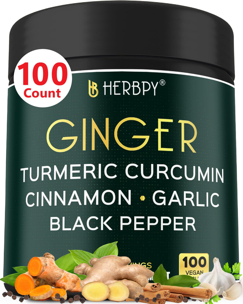 [Australia] - 5in1 Ginger and Turmeric Supplements with Ceylon Cinnamon, Garlic - Digestion, Immune, Brain & Heart Health Support - 100 Vegan Capsules 