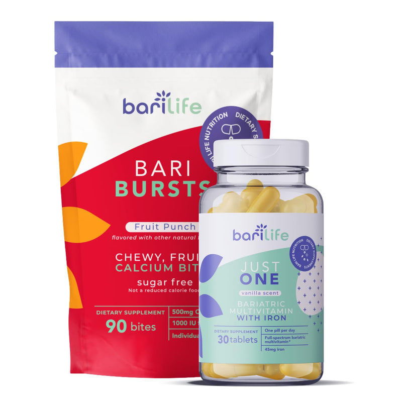 Bari Life Just One, Once Daily Bariatric Multivitamin with Iron (30 Tablets) and BariBurst Calcium Citrate Soft Chews for Gastric Bypass, Gastric Sleeve and Duodenal Switch (Fruit Punch)